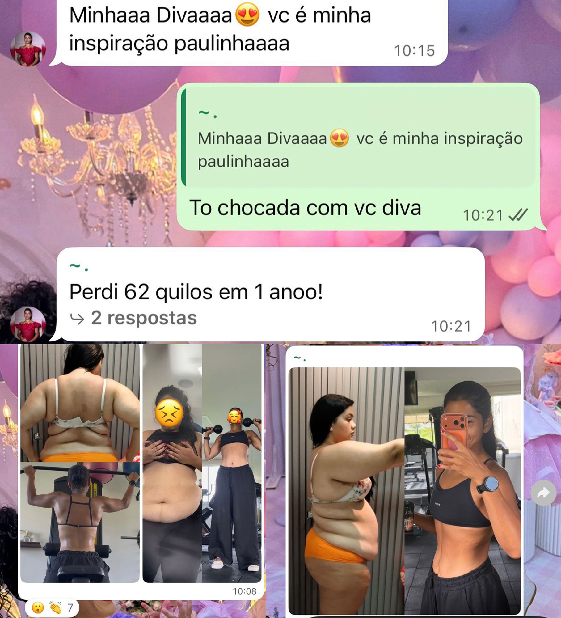 Print real de depoimento e fotos de antes e depois de uma aluna do desafio