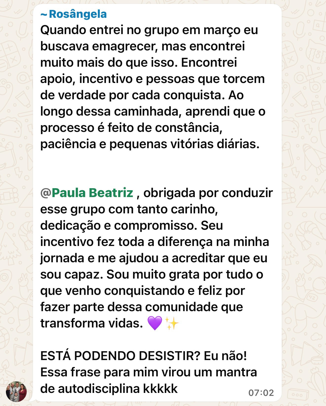 Print de depoimento escrito de aluna do Desafio 30 Dias