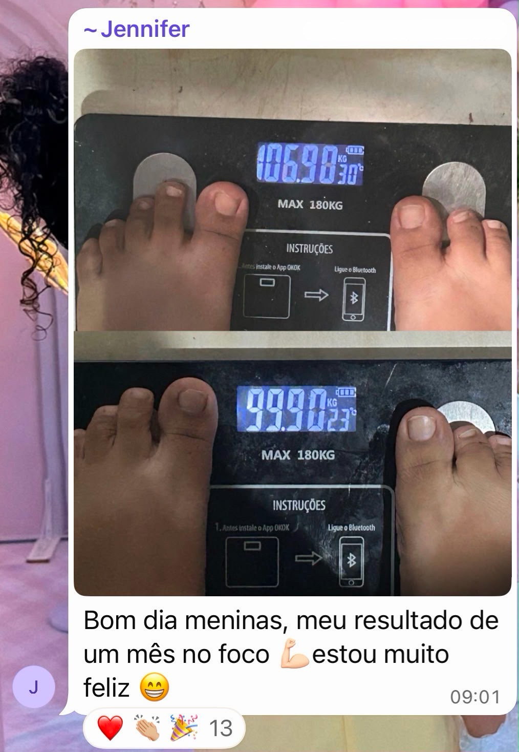 Jennifer: de 106,9kg para 99,9kg em um mês